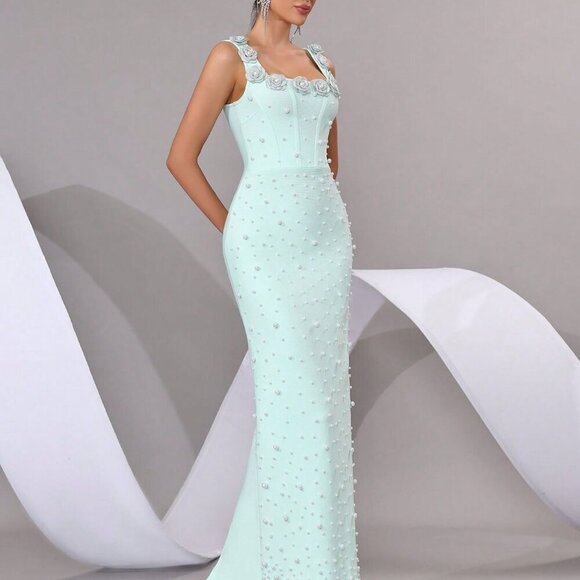 Baby Blue Elegant Women's Pearl Sparkling Maxi Dress - Picture 6 of 8